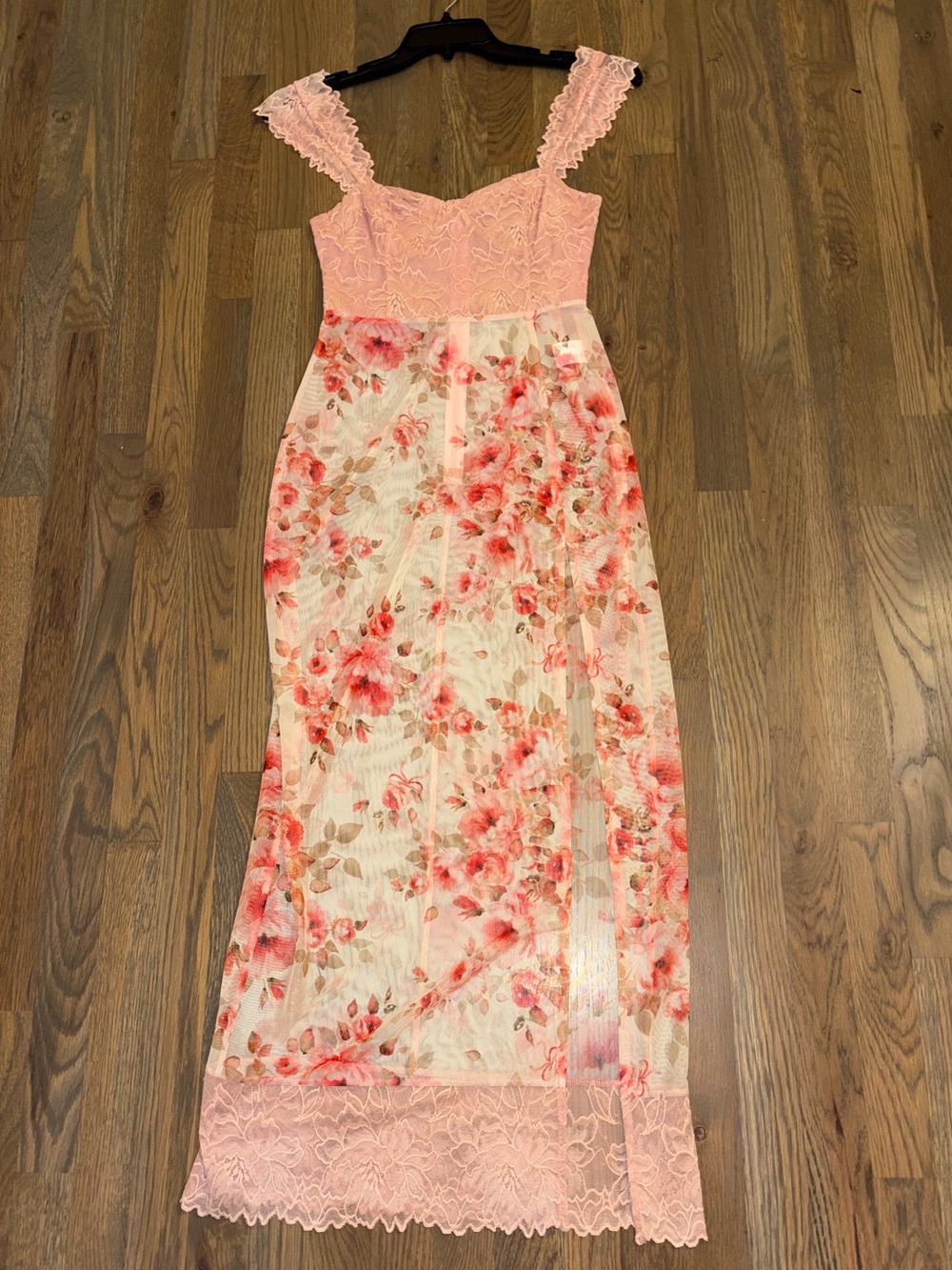 LUSH Pink Floral Lace Sheer Overlay Maxi Dress Small NWOT